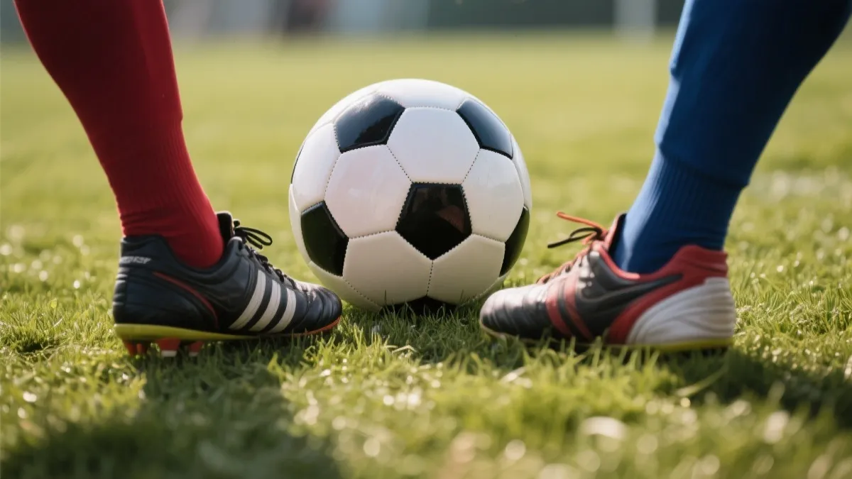 近景特写：草皮上的足球与球员球鞋，紧张对峙的氛围，故事感强